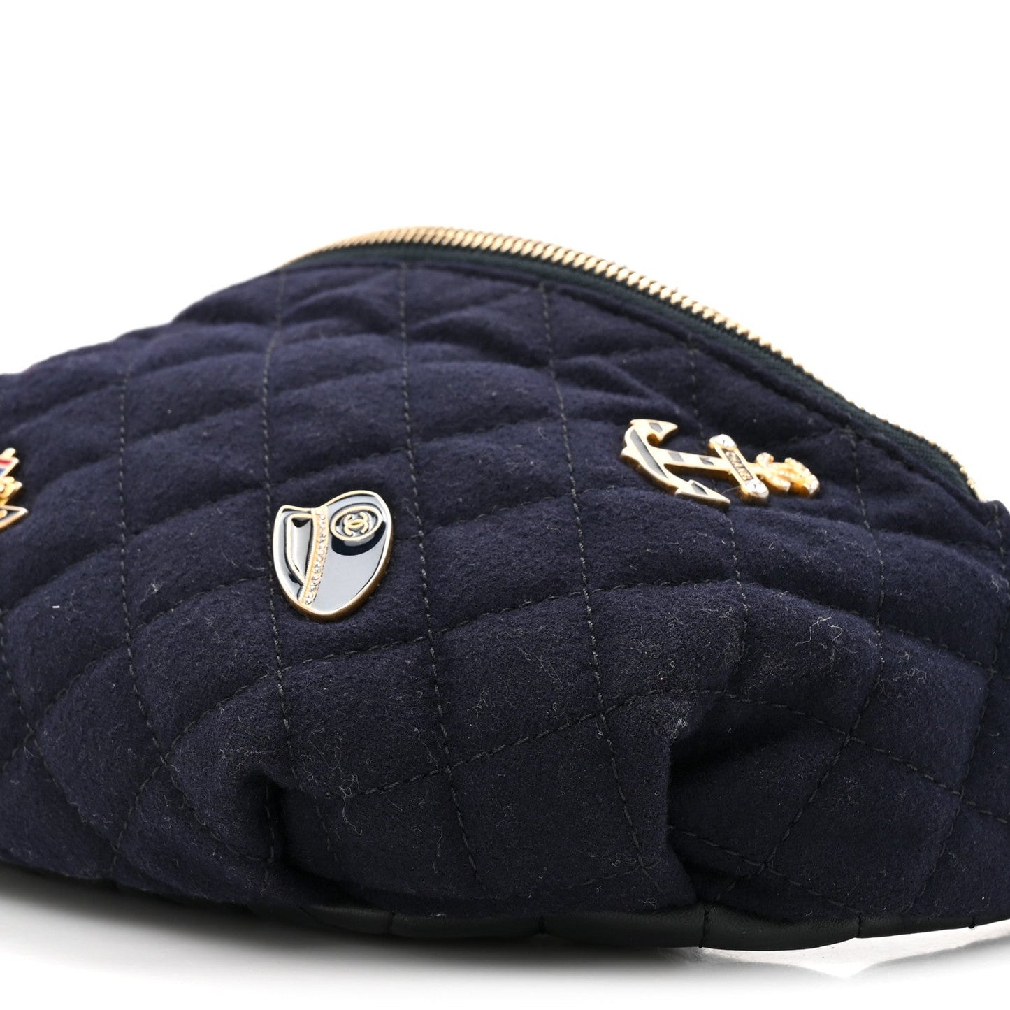 Wool Lambskin Quilted Paris Hamburg Charms Waist Bag Dark Navy