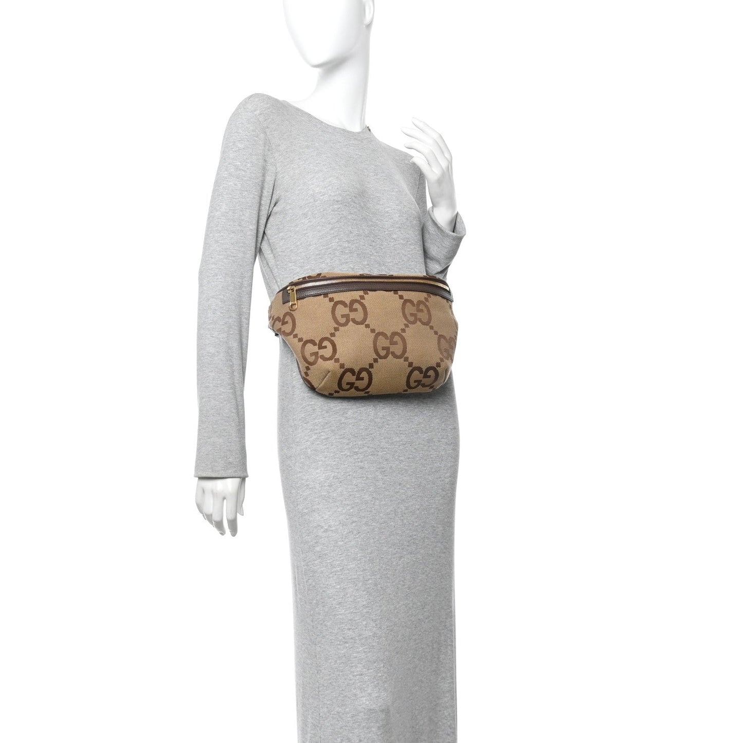 Monogram Jumbo GG Textured Dollar Calfskin Web Belt Bag Camel Ebony New Acero