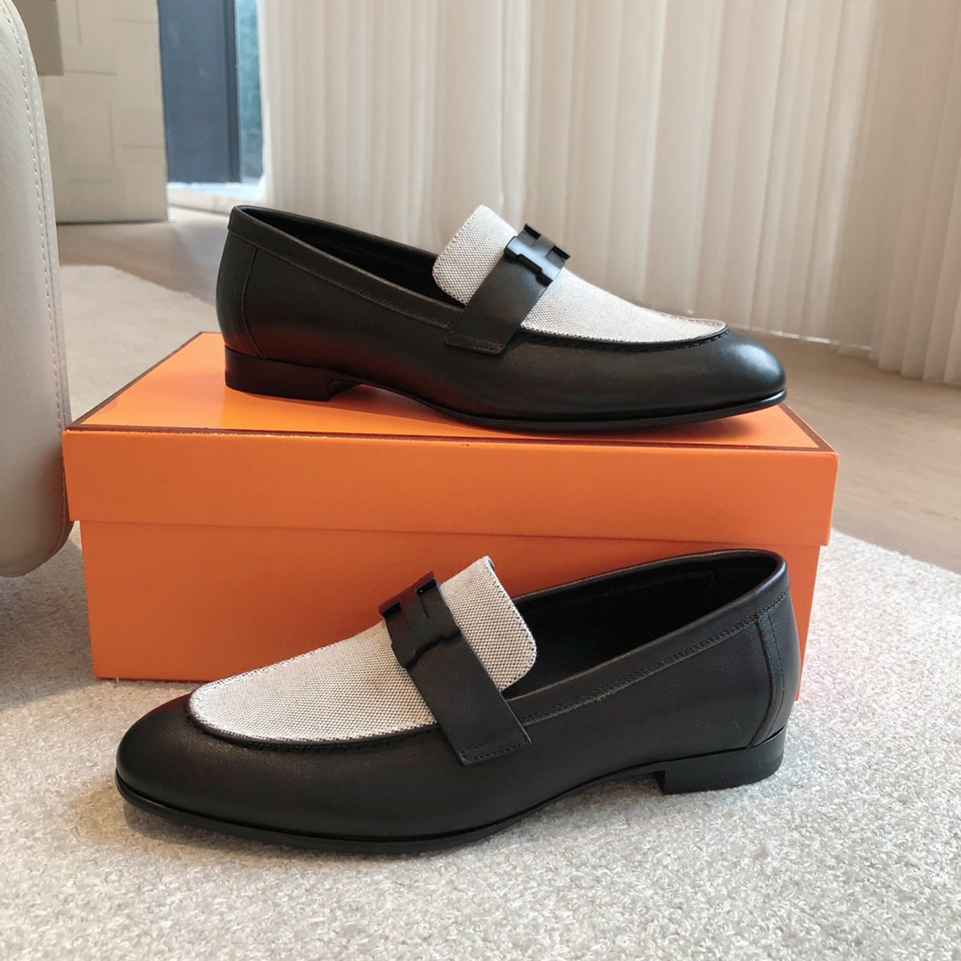 Paris Loafer Grey Canvas and Black Calfskin With Signature Buckle 734379