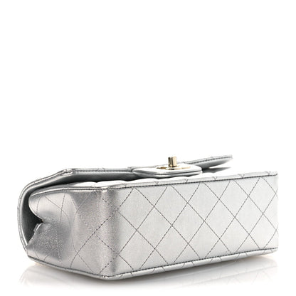 Metallic Lambskin Quilted Mini Rectangular Flap Silver
