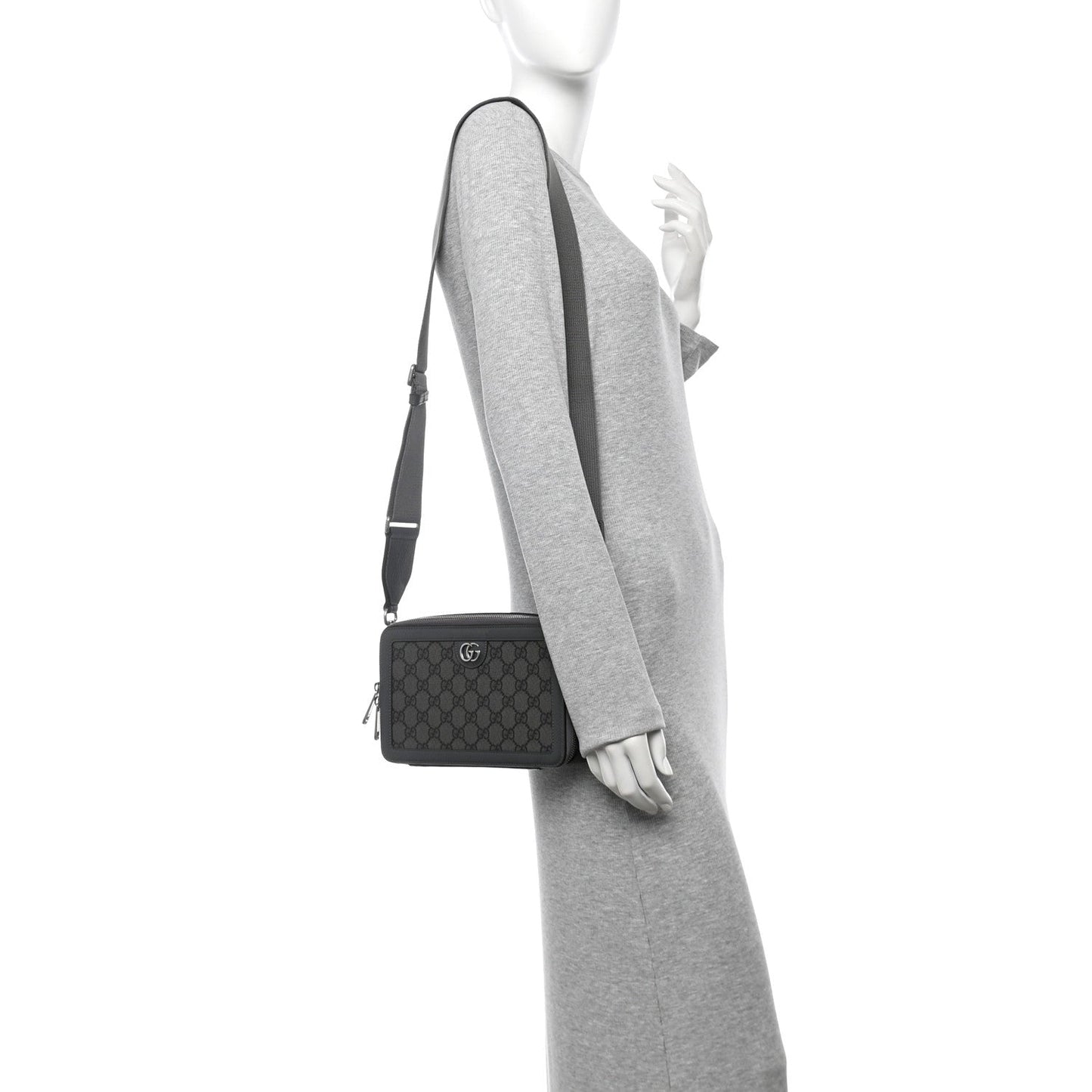 GG Supreme Monogram Textured Dollar Calfskin Small Ophidia Top Handle Shoulder Grey Black Graphite Grey