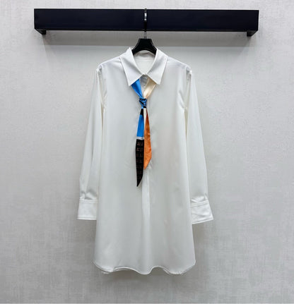 Celine Long Silk Scarf Shirt Dress White Cotton 351803