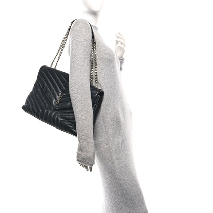 Calfskin Y Quilted Monogram Large Loulou Chain Satchel Black