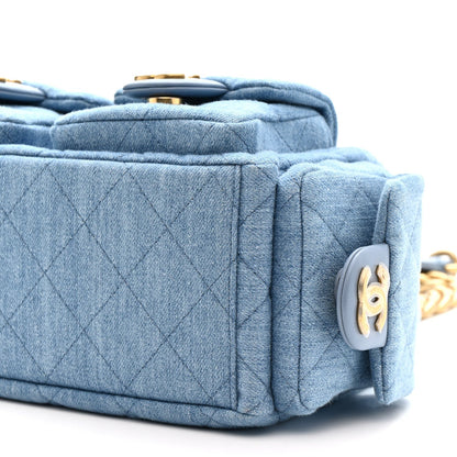 Washed Denim Quilted Large Trendy Pockets Hobo Blue