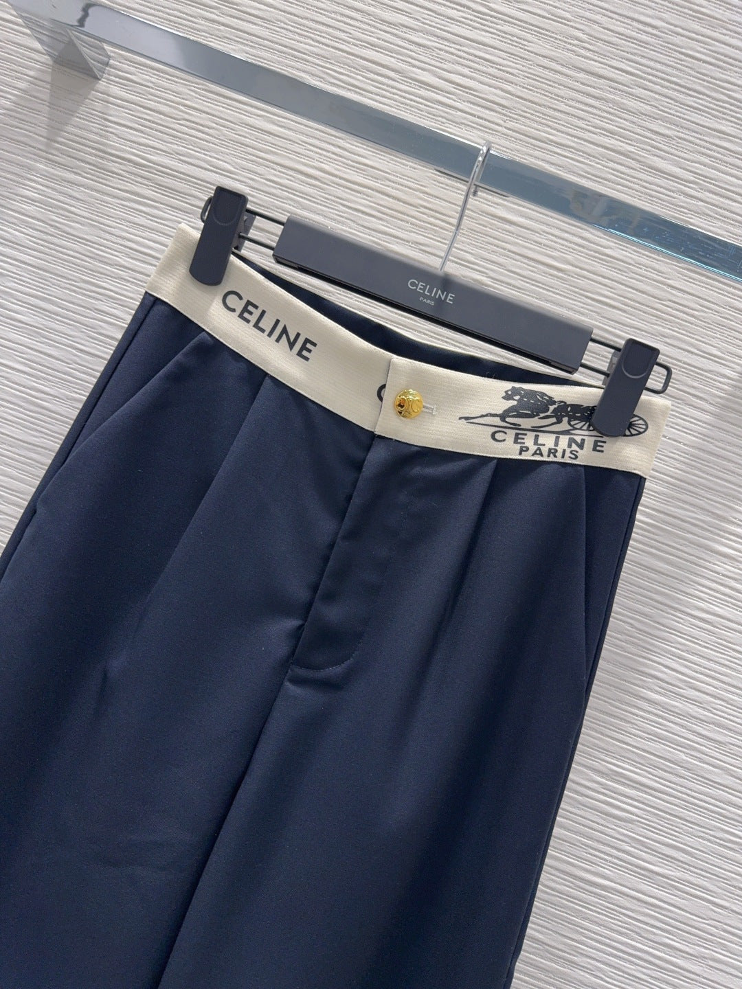 Celine 26S Wide-leg Trousers Celine Belt Navy Blue Polyester Viscose 351295