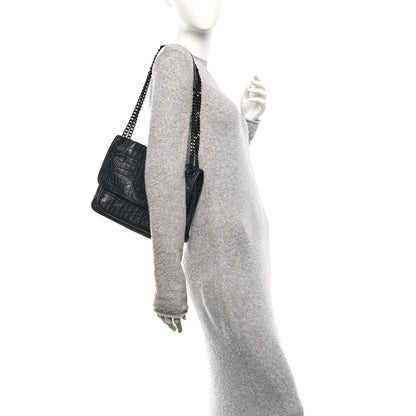 Crocodile Embossed Lambskin Monogram Medium Niki Chain Satchel Black