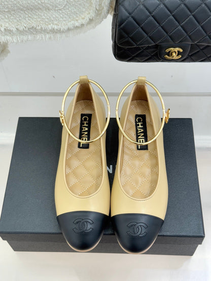 CC 26C Ribbon Double C Camellia Mary Jane Beige Black Lambskin