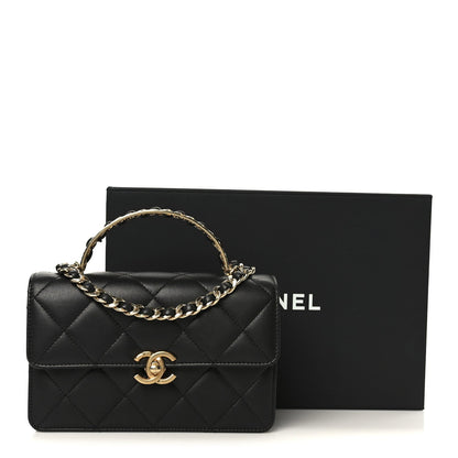 Shiny Calfskin Quilted Mini Metal Top Handle Flap Black