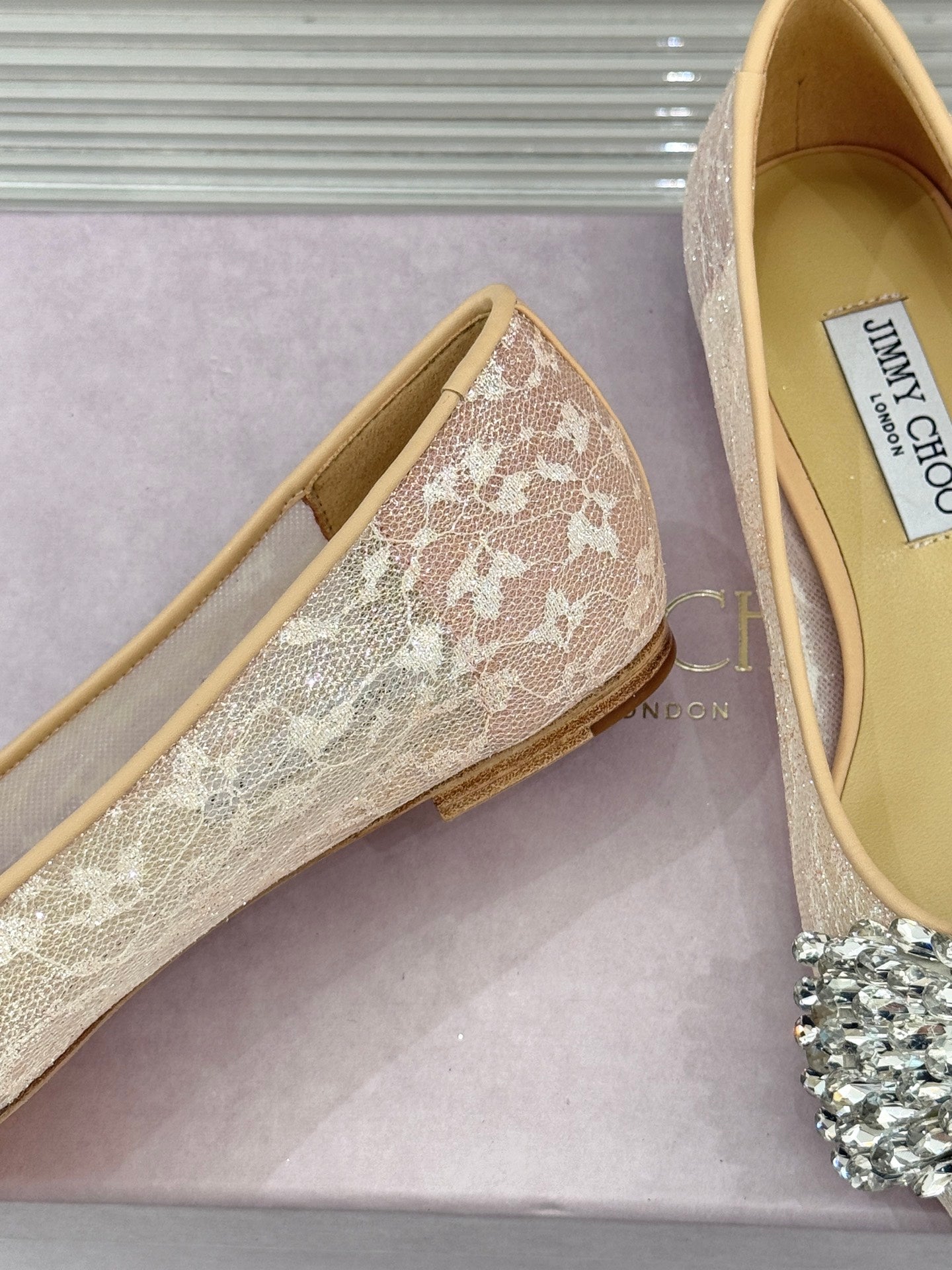 JC25WF Rhinestone Bow Pionted Toe Ballet Flat Nude Sheepskin 573535