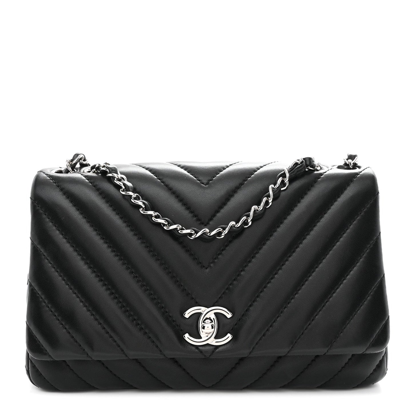 Lambskin Surpique Chevron Medium Single Flap Black