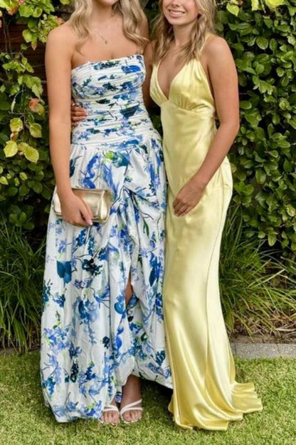 formaldressy-Blue And White Floral Long Satin Chiffon Ball Gown Graduation Dress gh5927