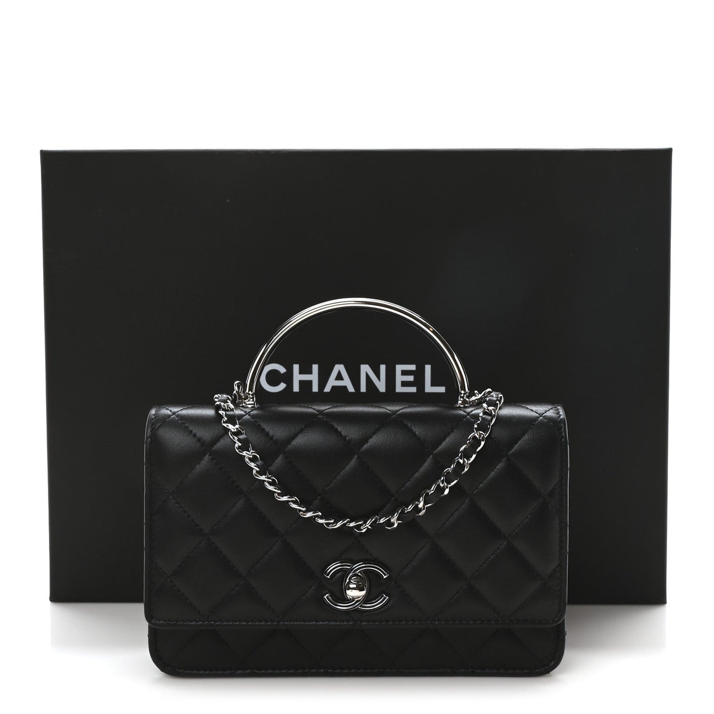 Lambskin Quilted Metal Top Handle Wallet On Chain WOC Black