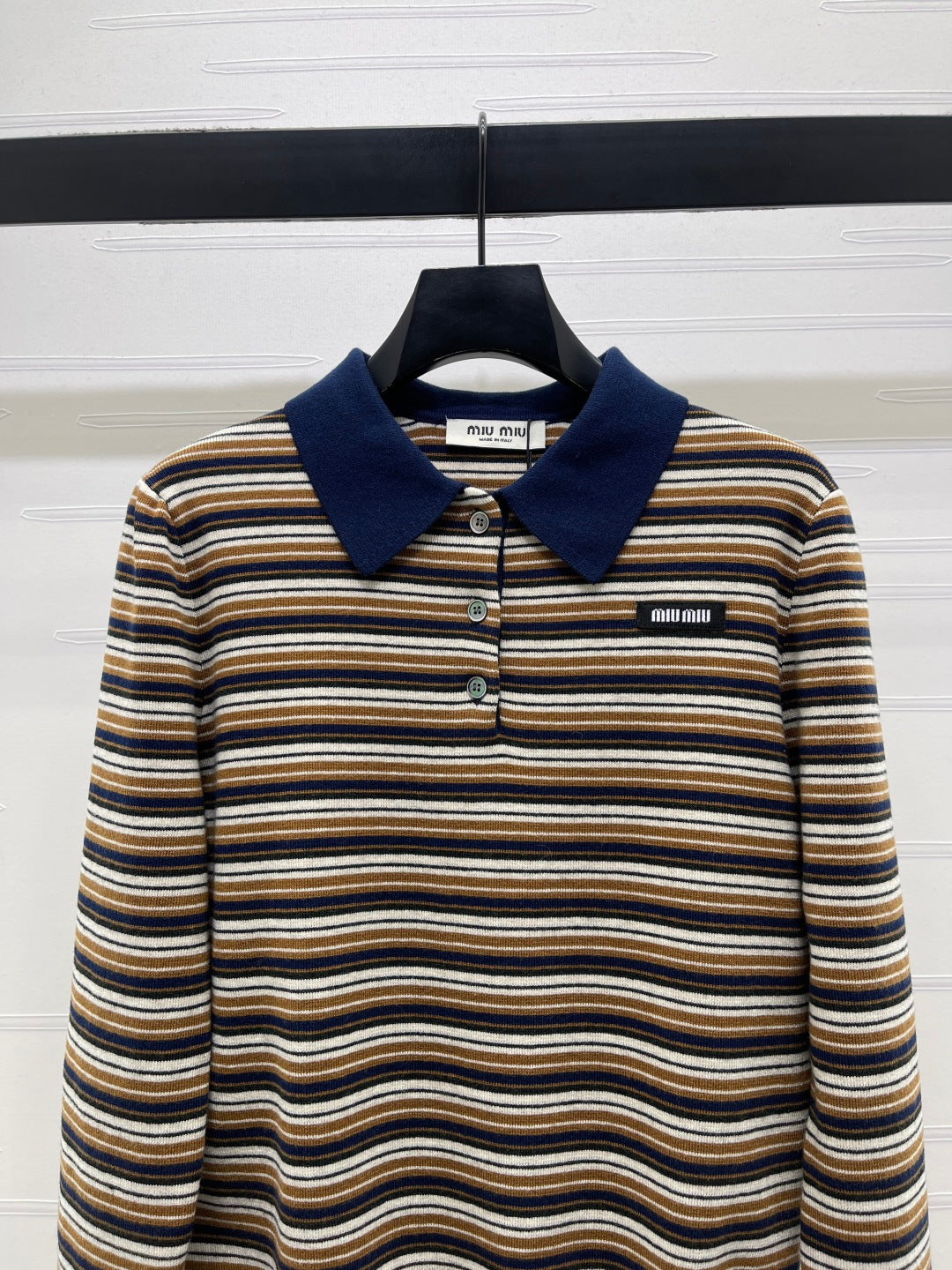 Miu Miu Striped Logo Polo Shirt beige and brown virgin wool 340970