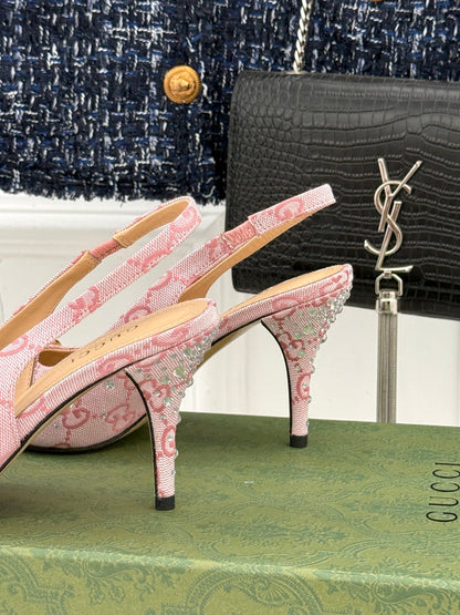 GG Horsebit Slingback 85MM Beige Pink Monogram Canvas Point Toe Crystal-Embellished