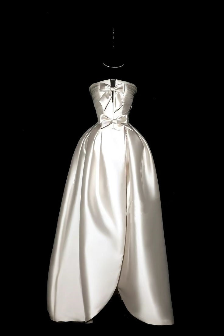 formaldressy-Ivory white bow satin long wedding dress prom dress gh5389