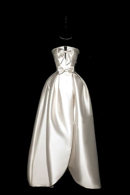 formaldressy-Ivory white bow satin long wedding dress prom dress gh5389
