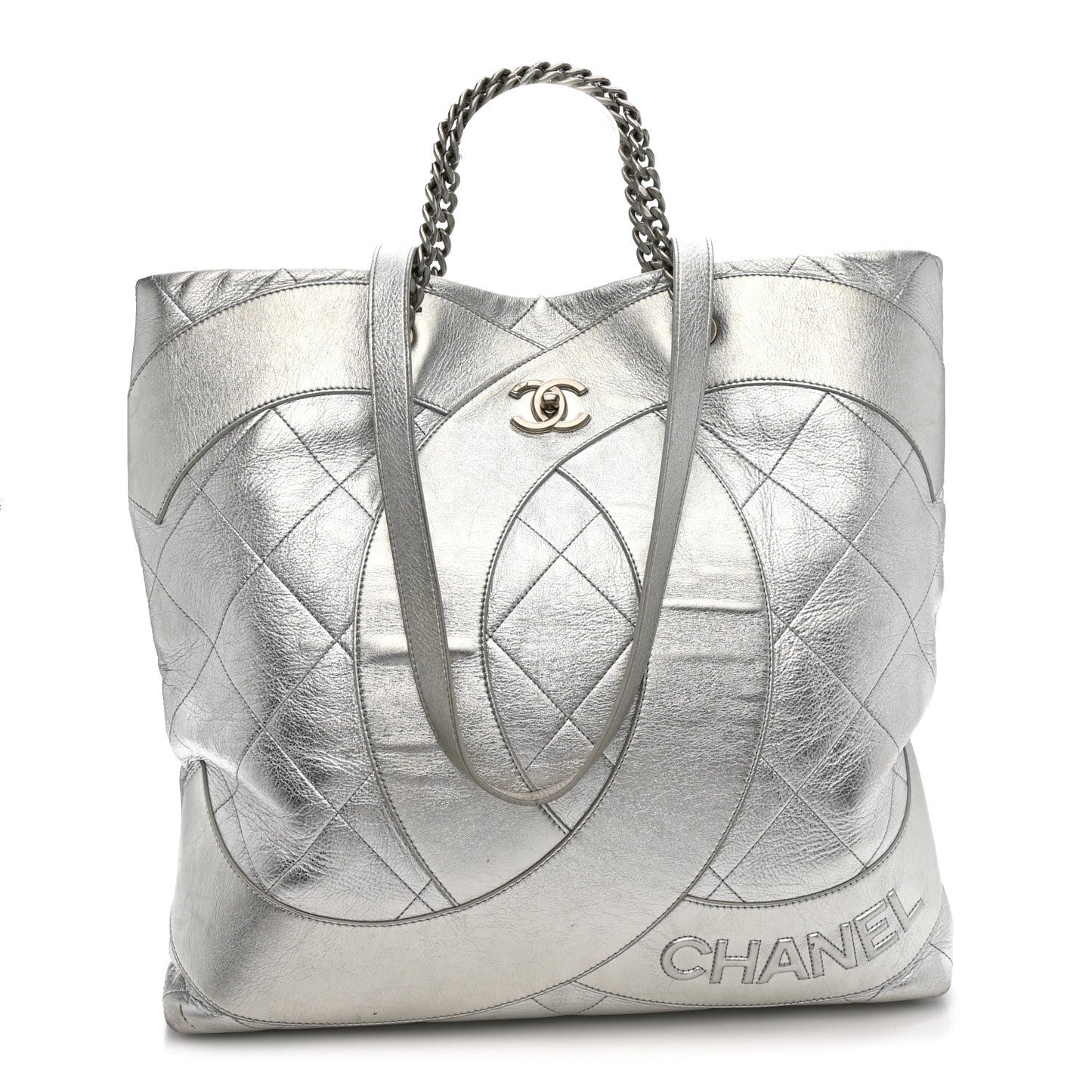 Metallic Calfskin Stitched CC Club Monaco Tote Silver