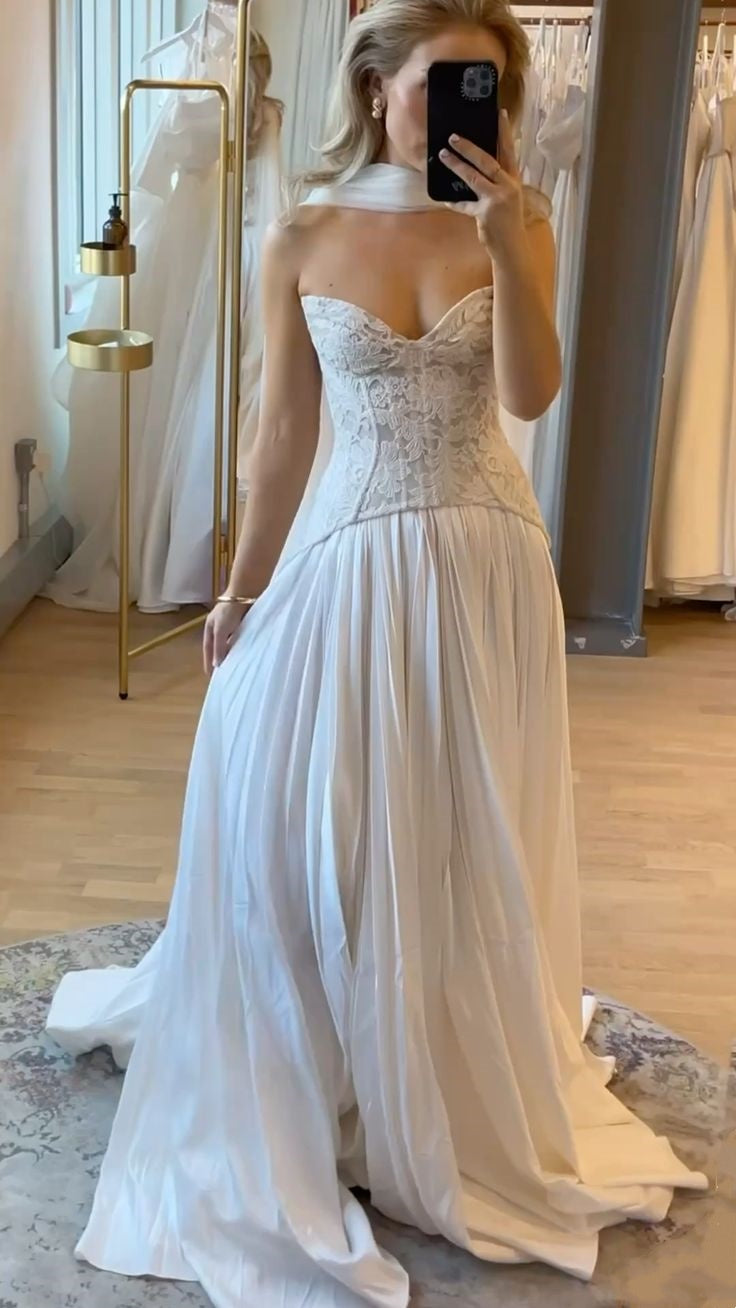 formaldressy-White, delicate lace long gown for bride gh6174
