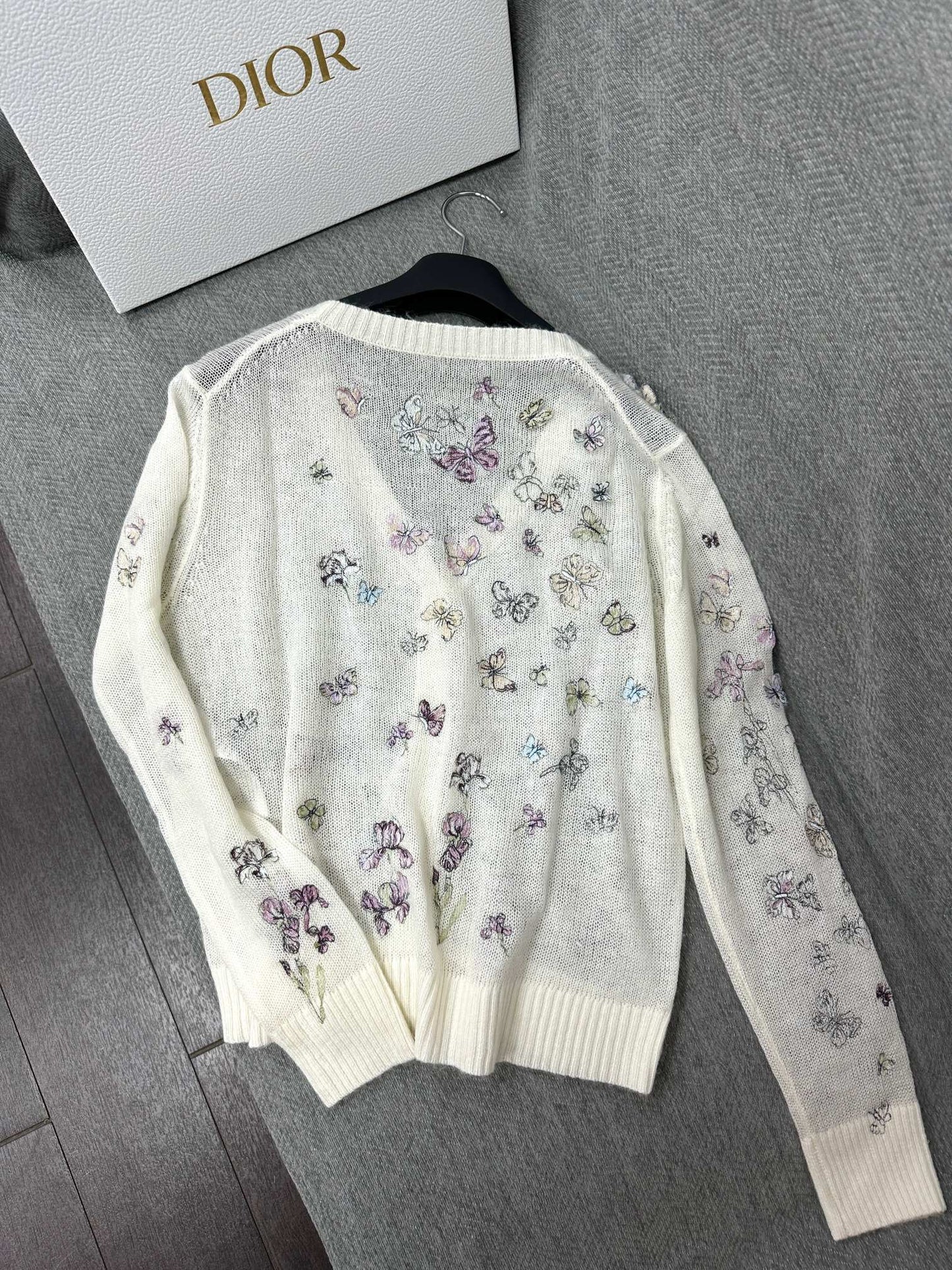 CD Butterfly Embroidered Cardigan White Alpaca Wool Cashmere 345330