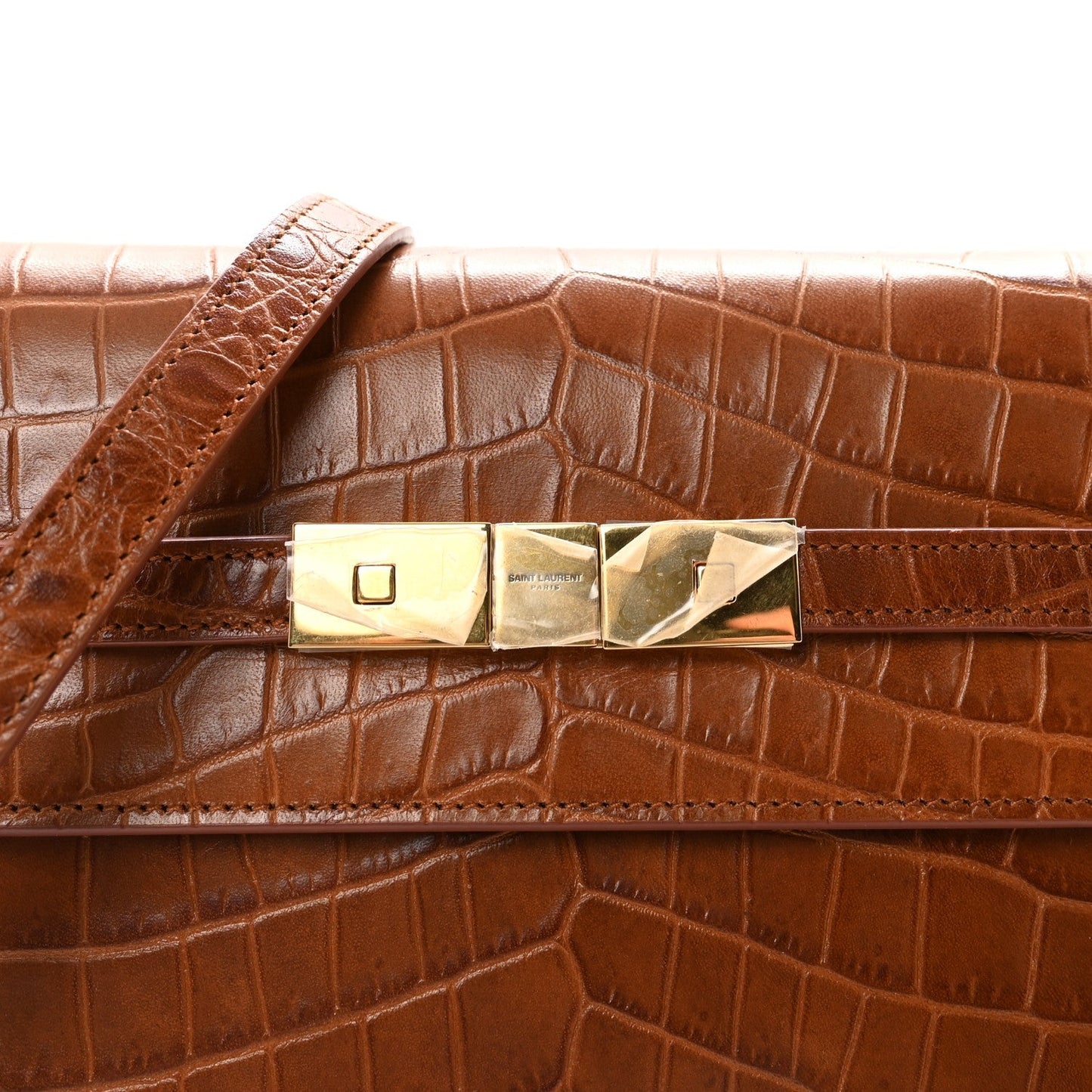 Shiny Calfskin Crocodile Embossed Small Manhattan Baguette Dark Caramel