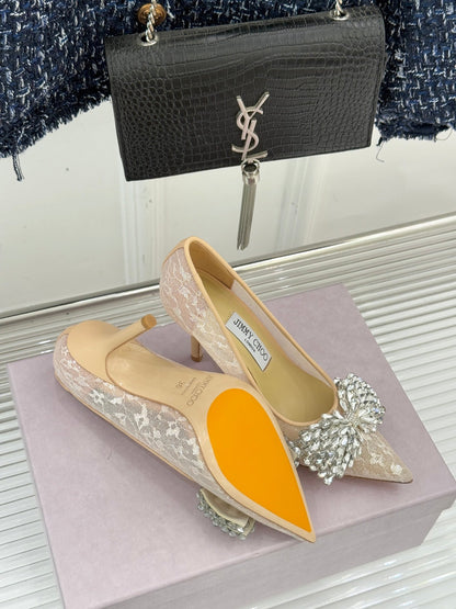 JC25WF Rhinestone Bow Pionted Toe High Heels 85 Nude Sheepskin 573538