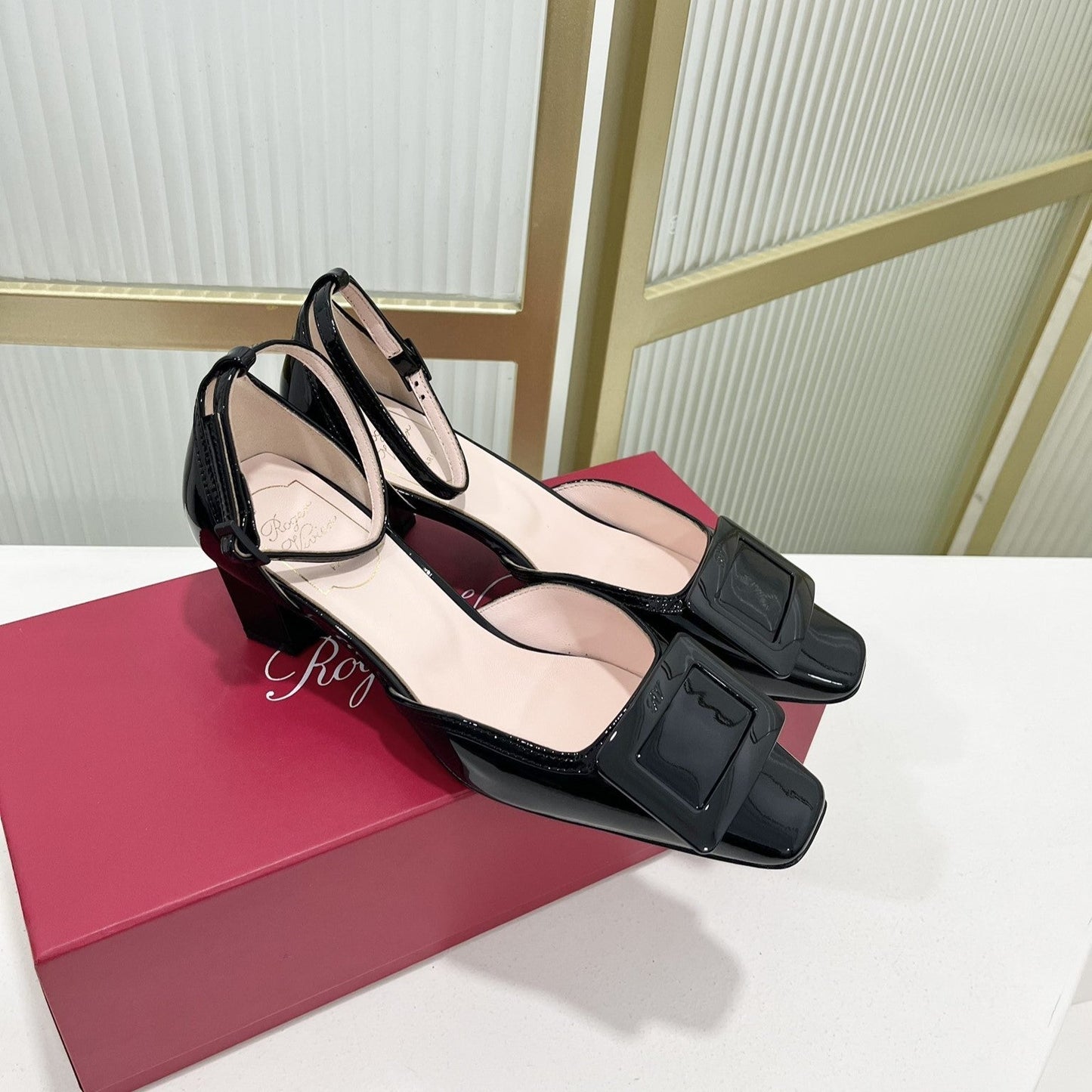 Trompette Metal Buckle Slingback Pump 45 Black Patent Leather