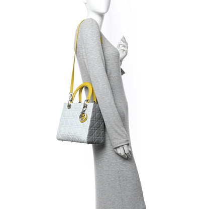 Grained Calfskin Cannage Medium Tri-Color Lady Dior Light Blue Grey Yellow