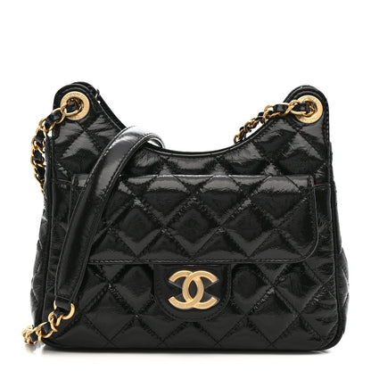 Shiny Crumpled Calfskin Quilted Small Wavy CC Hobo Black
