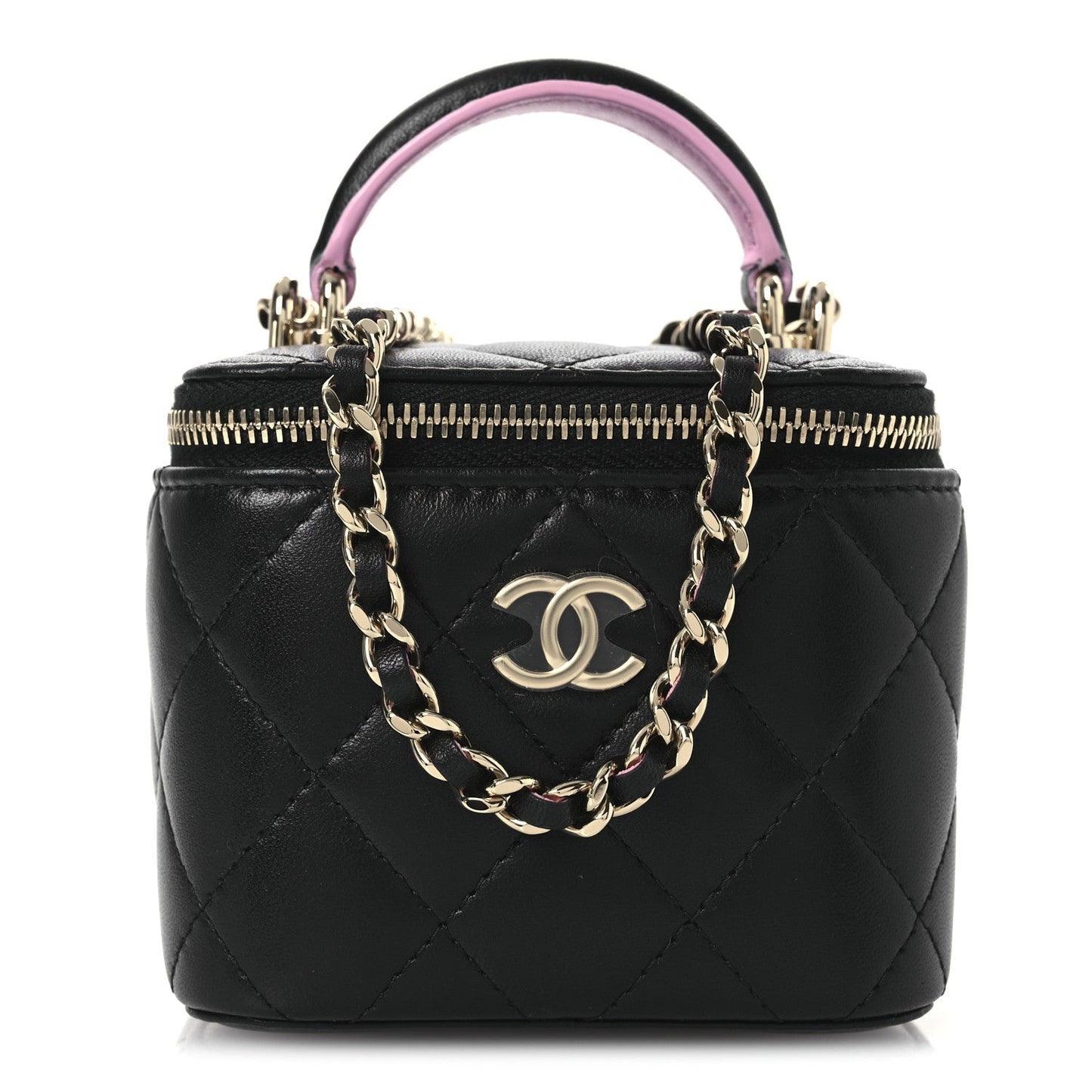 Lambskin Quilted Top Handle Mini Vanity Case With Chain Black Pink