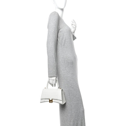 Calfskin Crocodile Embossed Small Hourglass Top Handle Bag White