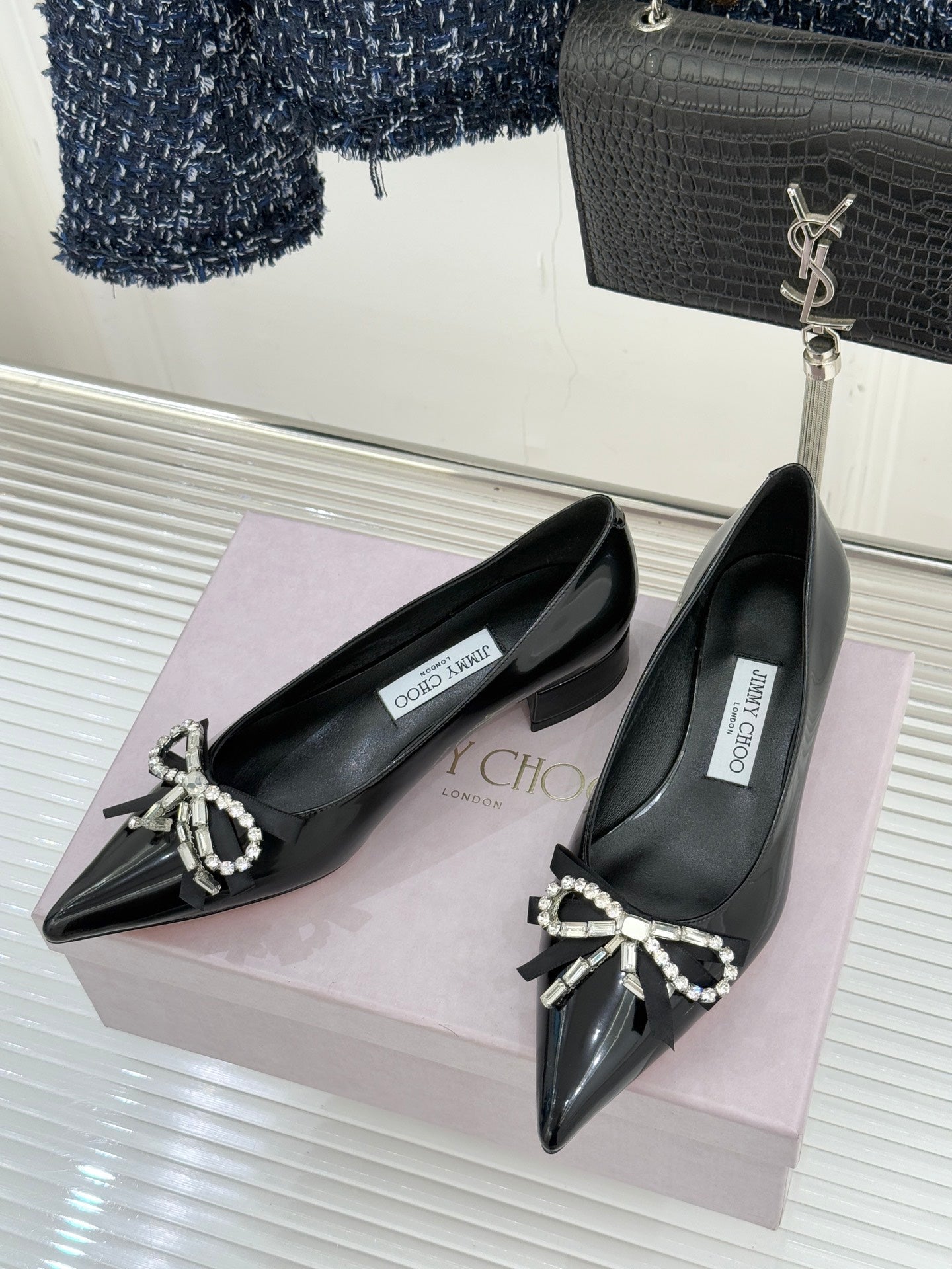 Jimmy Choo 26WF Pointed Toe Rhinestone Bow Chunky Heel Black in  Sheepskin 573540