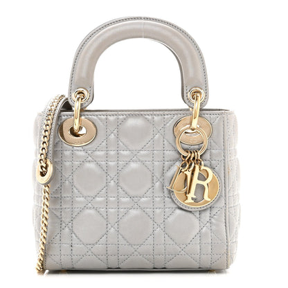 Metallic Lambskin Cannage Mini Lady Dior Grey