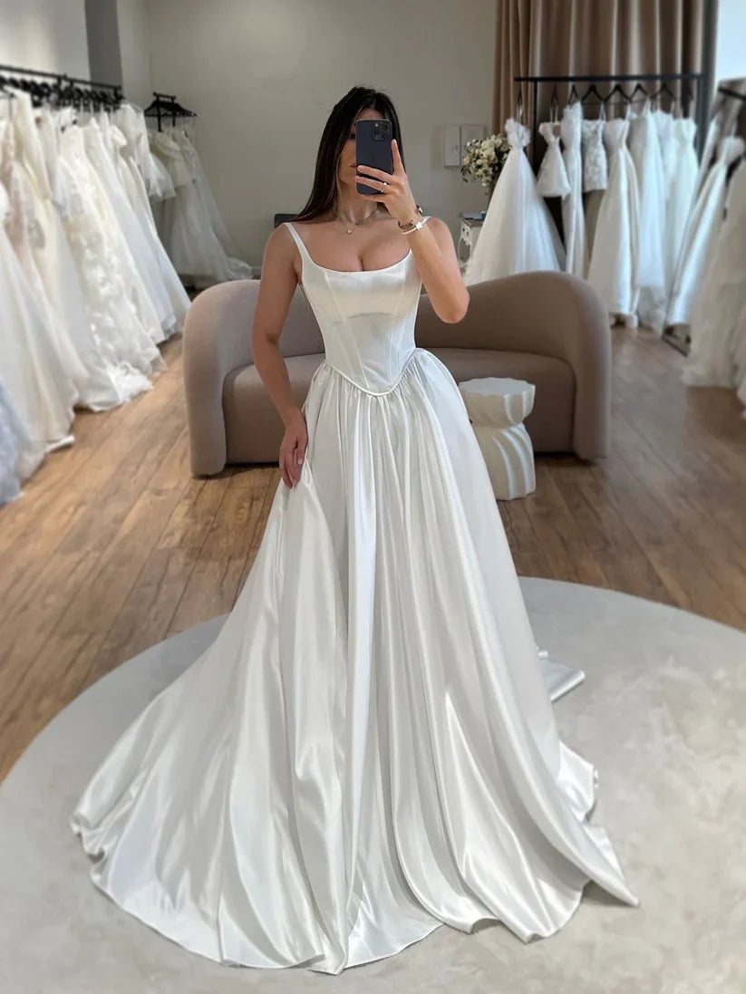 formaldressy-White, stylish square-neck satin wedding dress gh6224