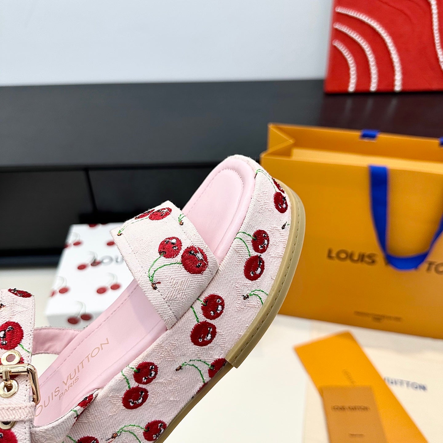 LV Maya Platform Sandals Cherry Motif 6cm Pink Cowhide Denim 572497