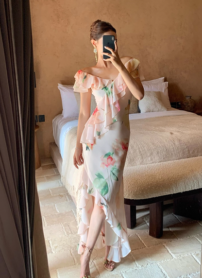 Light Pink Mermaid V Neck Print Floral Ruffle Chiffon Summer Dress Party Dress Outfits with Slit SH4174