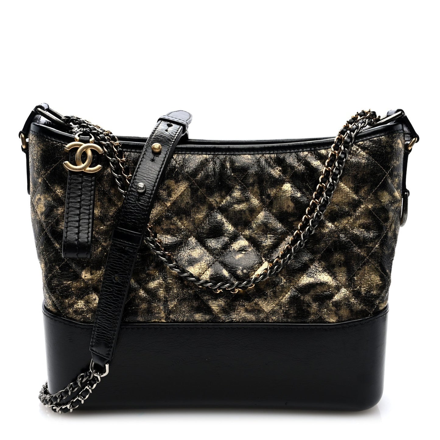 Metallic Crumpled Goatskin Quilted Medium Gabrielle Hobo Black Gold