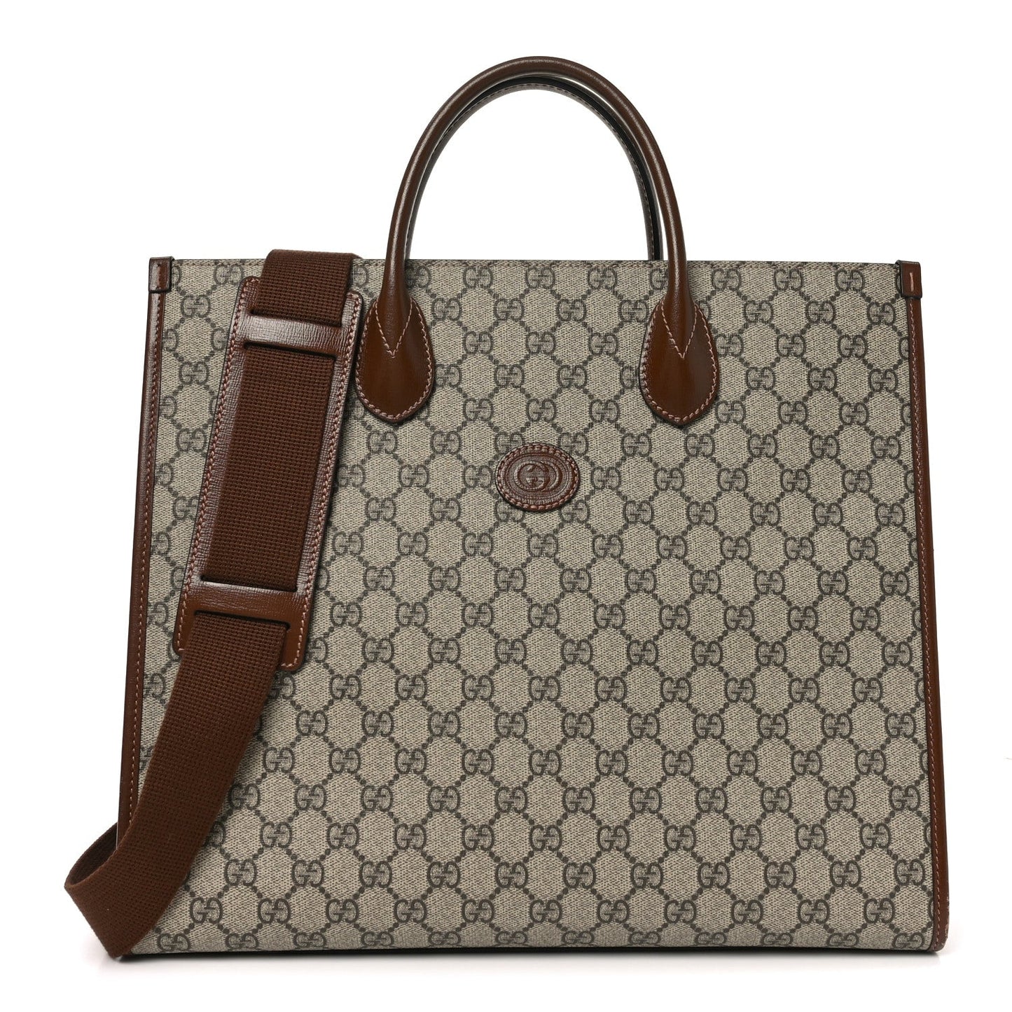 GG Supreme Monogram Azalea Calfskin Medium Retro Interlocking G Tote Bag Beige Ebony Brown Sugar