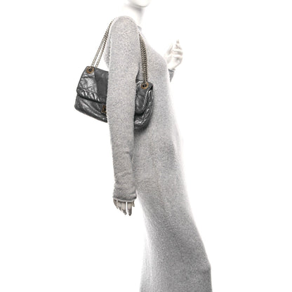 Metallic Crackled Calfskin Perforated Drill Flap Silver