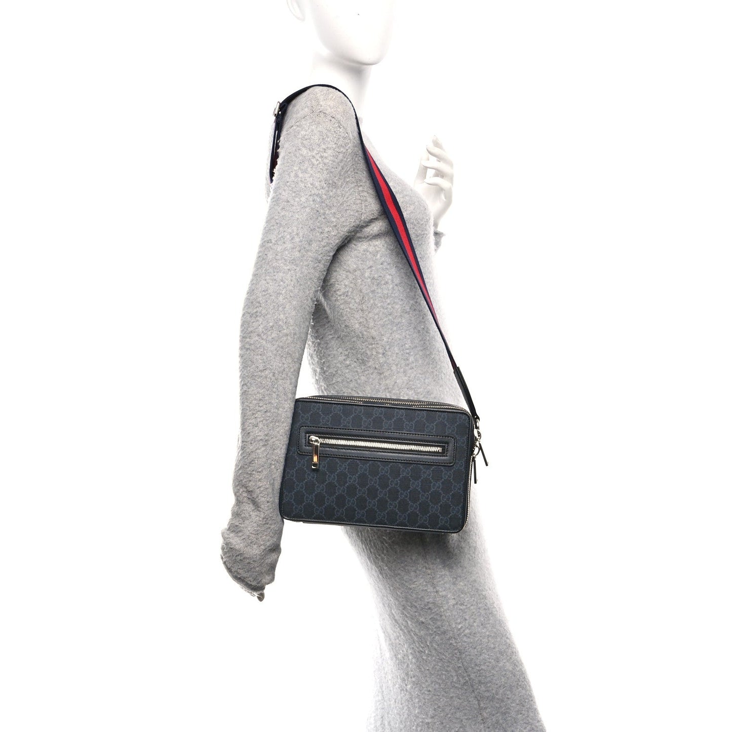 GG Supreme Monogram Calfskin Web Medium Crossbody Bag Black Grey
