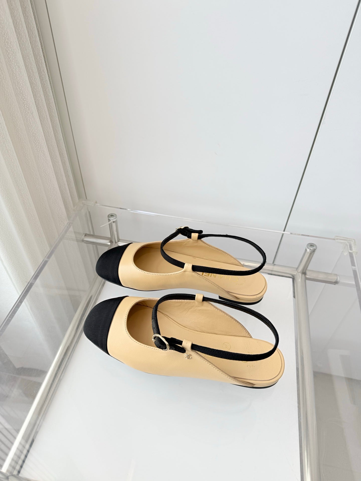 Chanel 26 Slingback Flats Beige Black in Lambskin 597389