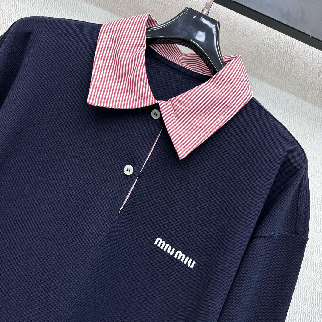 Miu SS26 Piqué Oversize Polo Shirt Navy Blue Cotton 350370