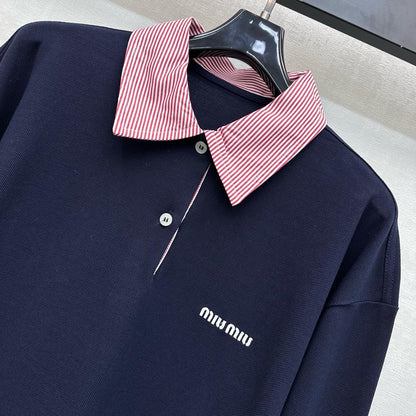 Miu SS26 Piqué Oversize Polo Shirt Navy Blue Cotton 350370