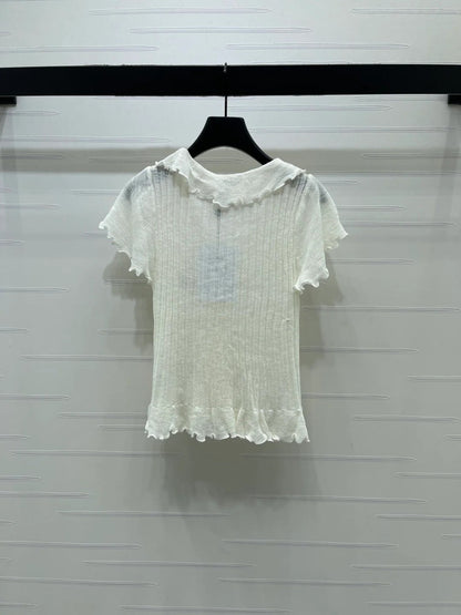 Chanel 2026 Ruffled Knit V-neck Short-sleeved T-shirt White Wool 356523