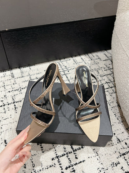 HIGH CRYSTAL STRAP SANDALS IN BOUTIQUE BEIGE SILK