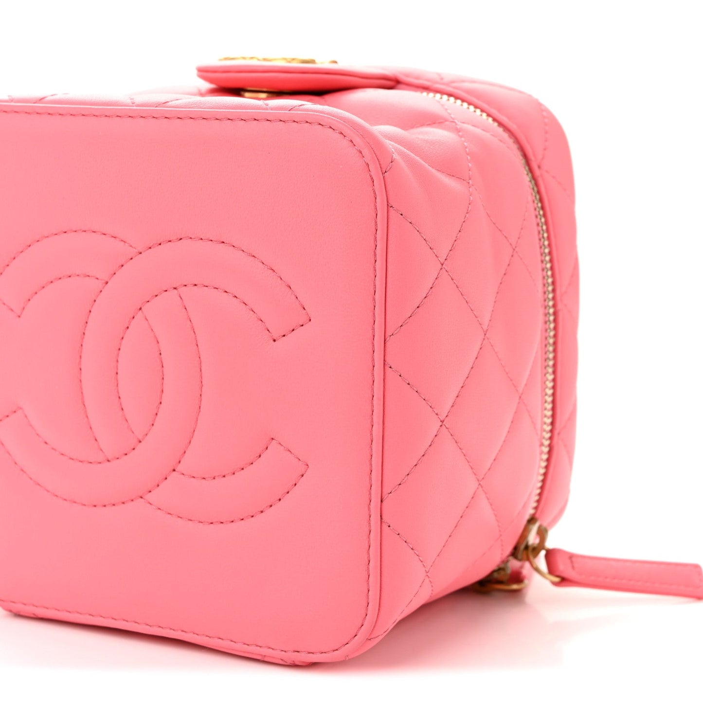 Calfskin Quilted Small Vanity Case With Chain Coral Pink