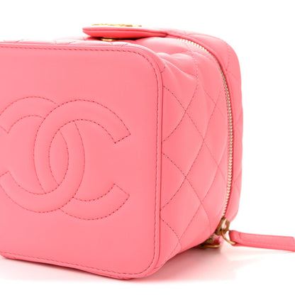 Calfskin Quilted Small Vanity Case With Chain Coral Pink