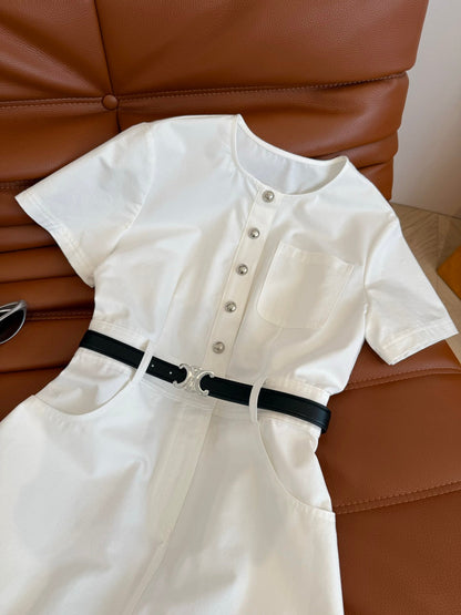 Celine 25 Denim Dress With Silver Buckle Belt White Cotton