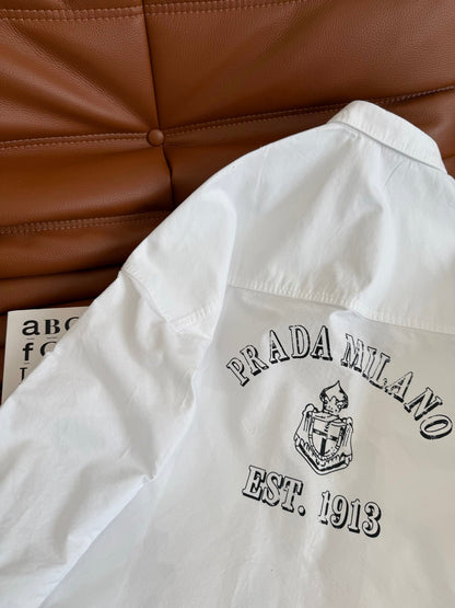 Prada 25 Long Sleeve Shirt With Triangle Logo White Cotton