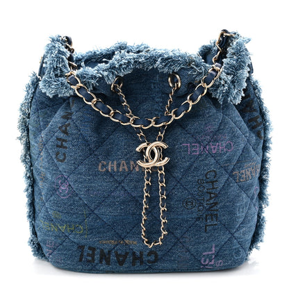 Denim Quilted Small Mood Bucket With Chain Blue Yellow Orange