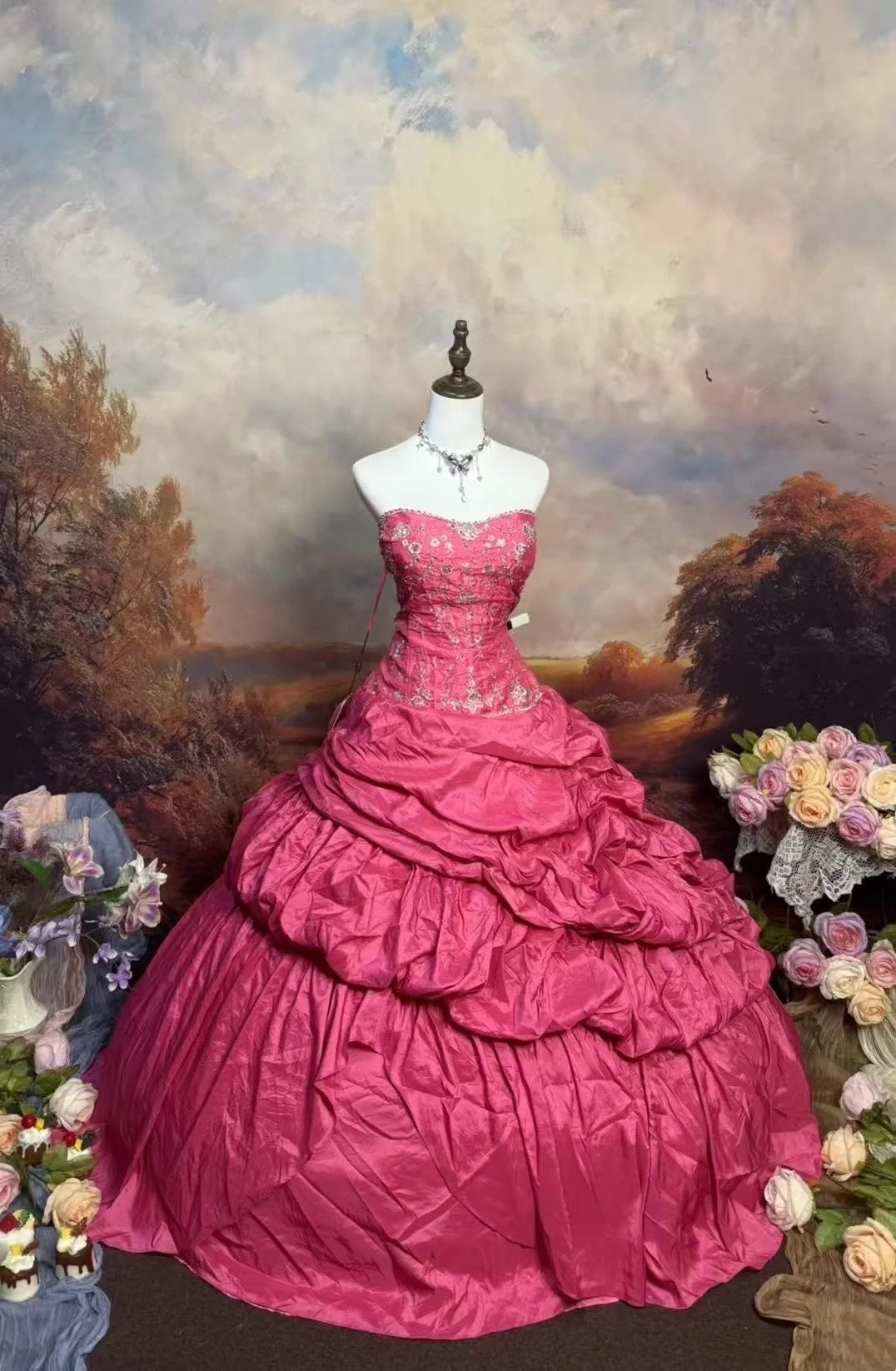 formaldressy-Pink Delicate Floral Long Satin Formal Ball Gown gh6288